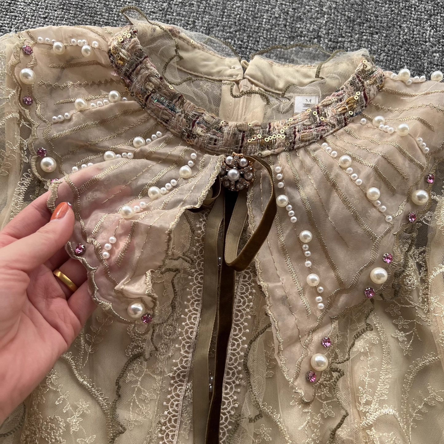 Designed Retro Beaded Lace Short Dress Sweet Longsleeves Dress 1809