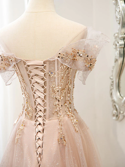 Schulterfreies A-Linien-Tüll-Ballkleid, lang, formelles Abendkleid 2408