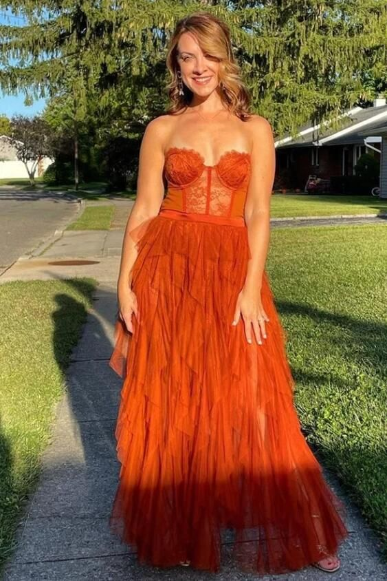 Sweetheart Rust Tiered Long Prom Dress With Slit 2191