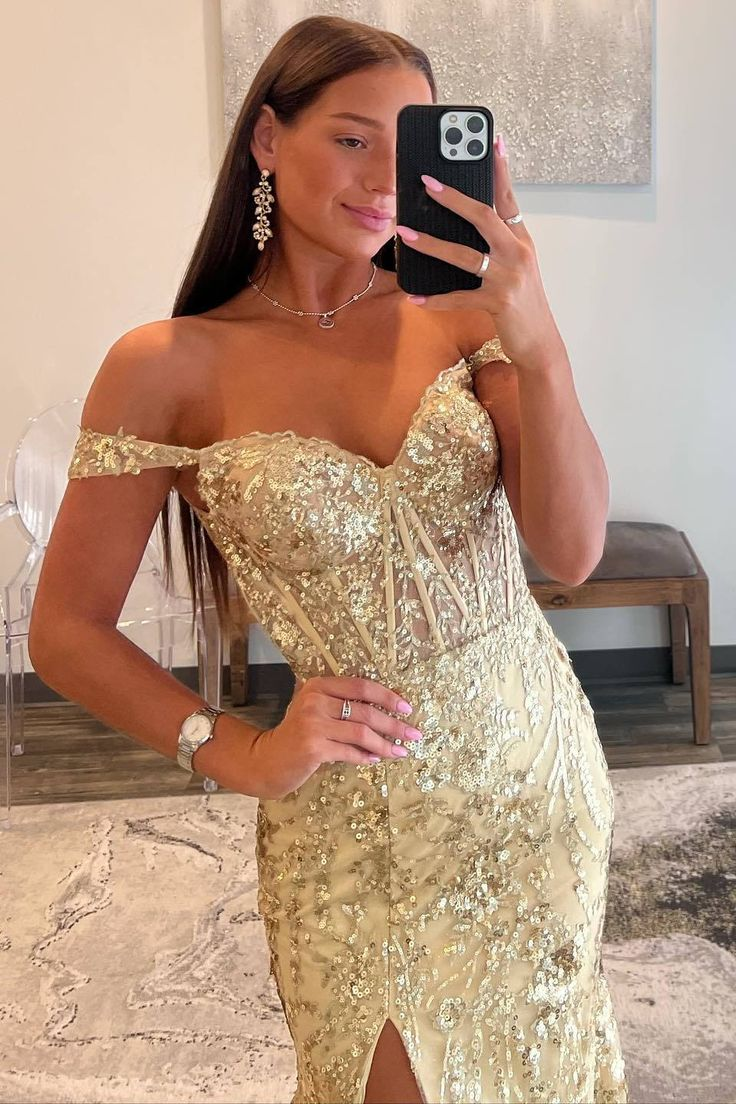 Off The Shoulder Sequin Mermaid Prom Dress Gold Sparkling Evening Dress With Slit 2139