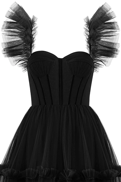 Robe de bal trapèze noire en tulle à volants 2201
