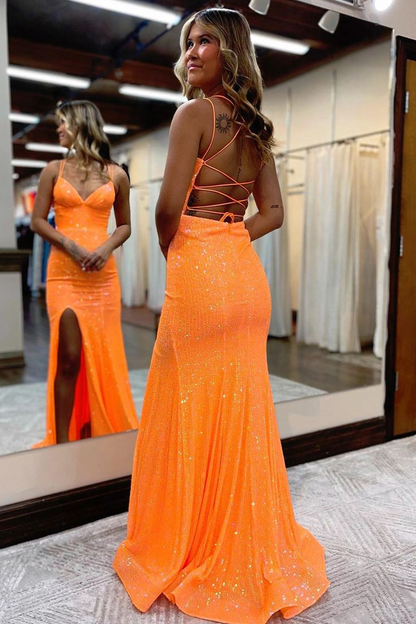 Robe de soirée longue orange style sirène, col en V, paillettes, avec fente, 2199