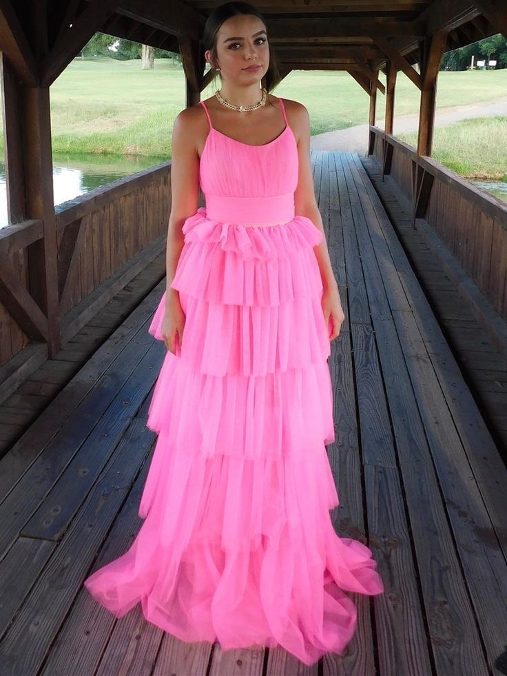 Layered A Line Pink Long Prom Dresses Formal Graduation Evening Dresses 2183