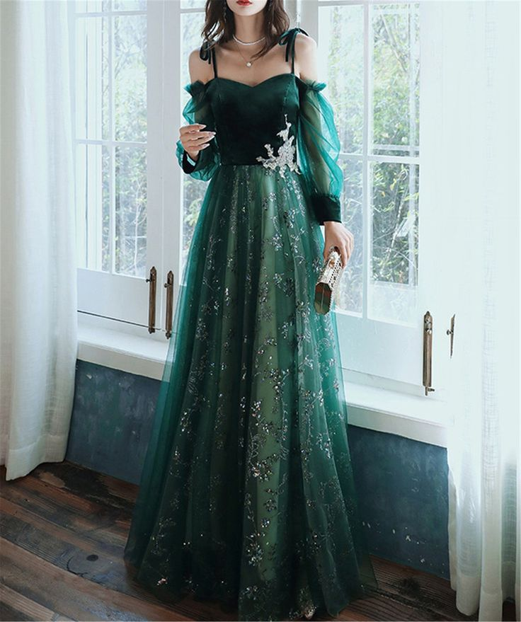 Green Tulle Prom Dresses Longsleeves A Line Birthday Party Gown 2310