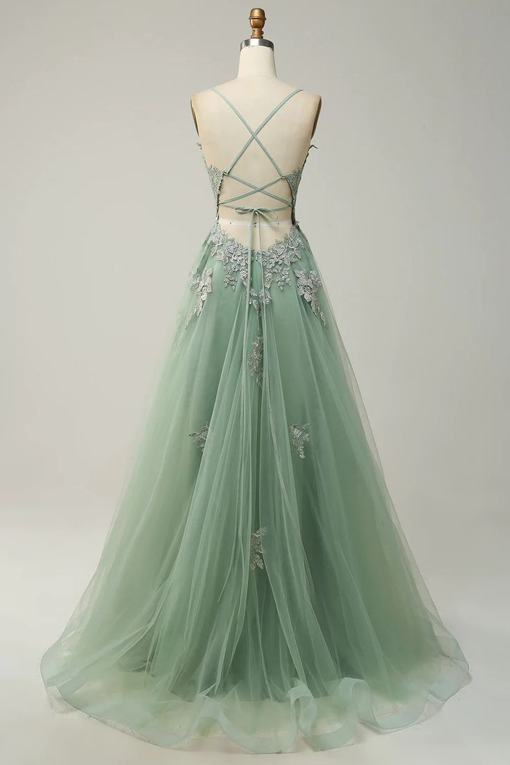 Spaghetti Straps Light Green Long Prom Dress Applique A Line Senior Dress With Slit 2130