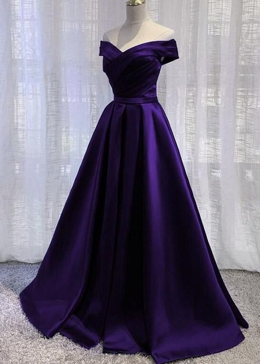 Off Shoulder Satin Dark Purple Long Formal Gown 2149