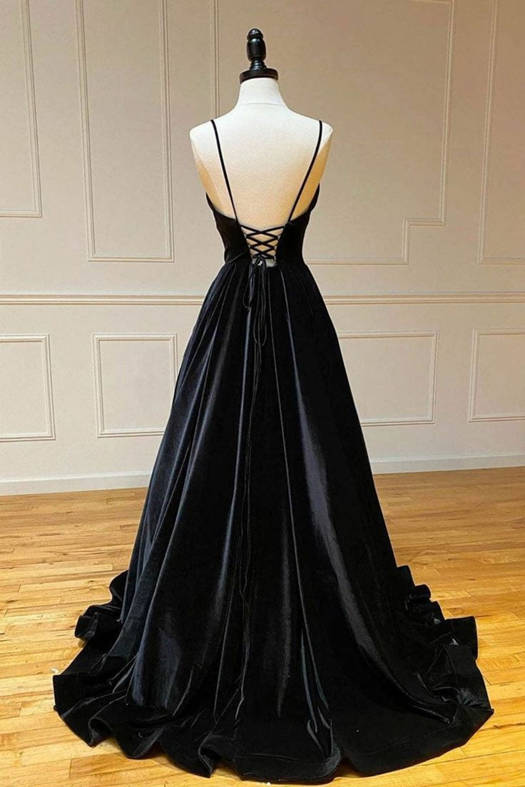 A Line V Neck Black Velvet Long Prom Dresses Spaghetti Straps Formal Evening Dresses 2249