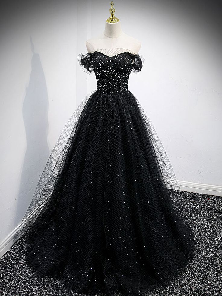 Off The Shoulder Shiny Tulle Long Prom Dress A Line Black Evening Dress 2248