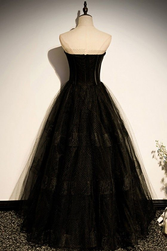 A Line Strapless Black Tulle Evening Prom Dress 2247