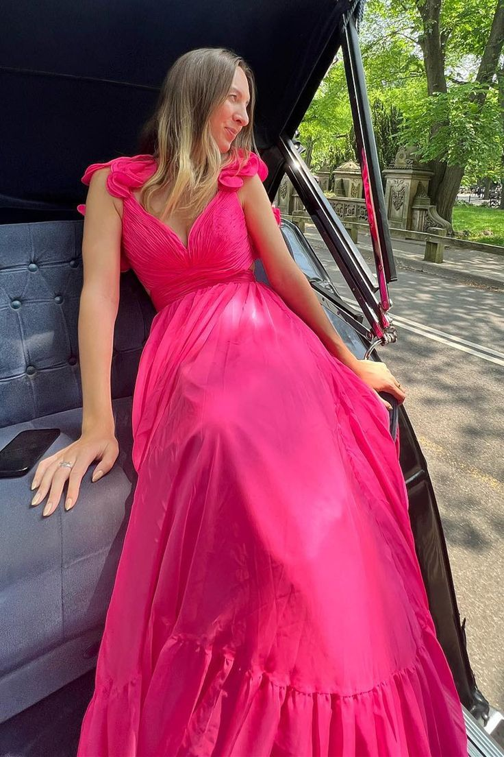 Rose Red Ruffle Shoulder V Neck A Line Long Prom Dress 2288