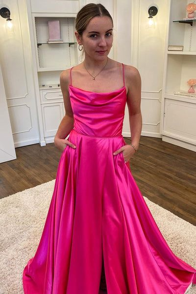 A Line Spaghetti Straps Hot Pink Satin Long Prom Dress With Split 2298