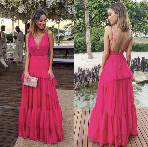 Rose Red Deep V Neck Long Prom Dresses A Line Evening Gowns 2259