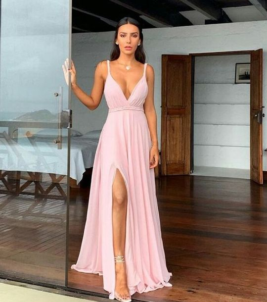 Pink V Neck A Line Long Prom Dress Formal Evening Dress With Slit 2255