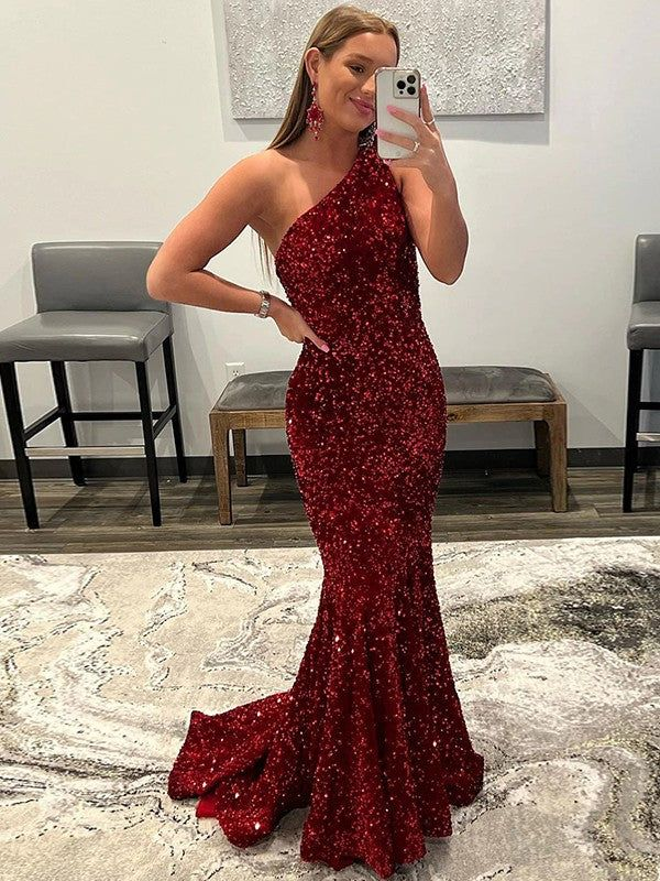 One Shoulder Sequin Mermaid Long Evening Dress Sparkly Prom Dress 2222