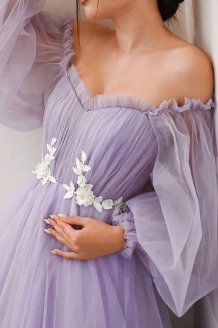 Lilac A Line Tulle Long Prom Dresses Off The Shoulder Formal Evening 2369