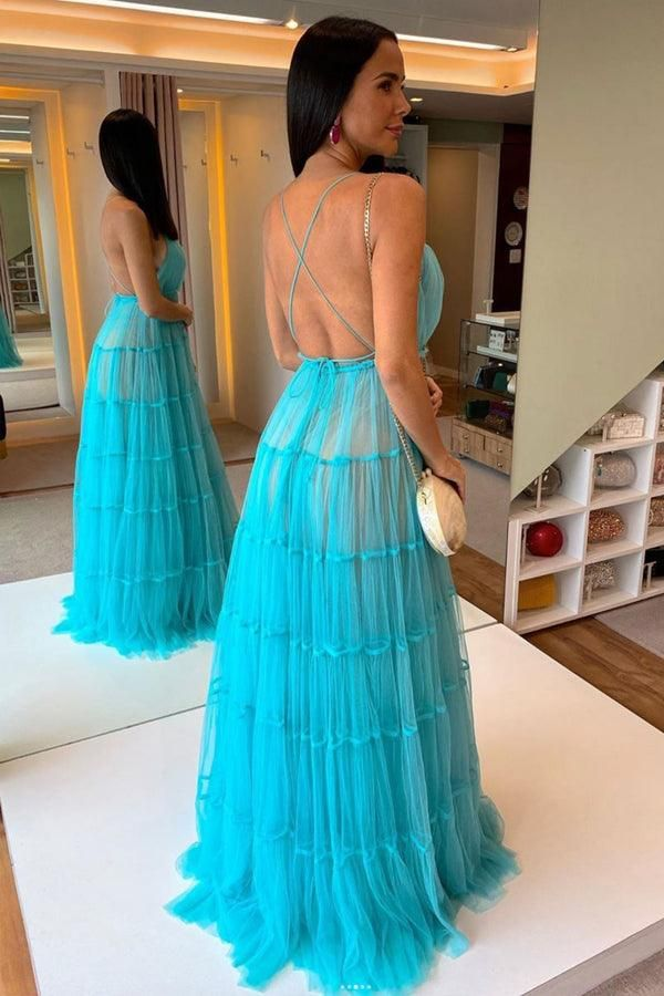 Spaghetti Straps Blue A Line Prom Dress Formal Tulle Evening Prom Gown 2157