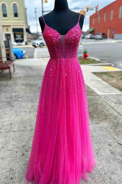 Spaghetti Straps Pink A-Line Long Formal Dress Slit Evening Dress 2200