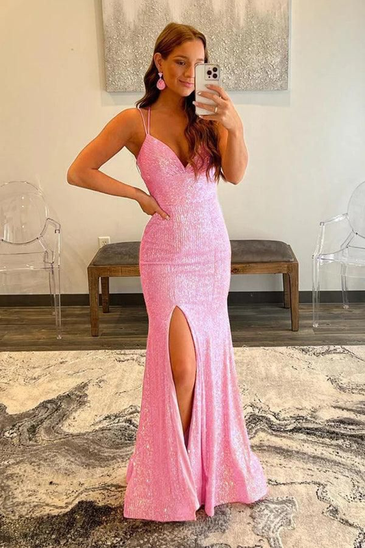 V Neck Mermaid Sequins Long Prom Dress Pink Sparkling Evening Dress 2167