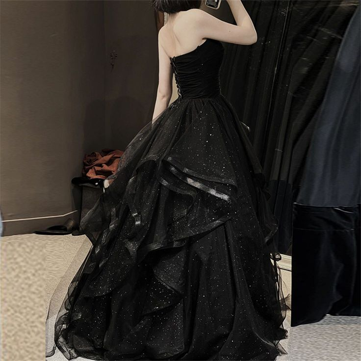 Strapless Black A Line Long Prom Dress Tiered Tulle Evening Gown 2245