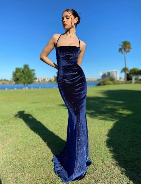 Navy Blue Velvet Sheath Long Prom Dress 2303