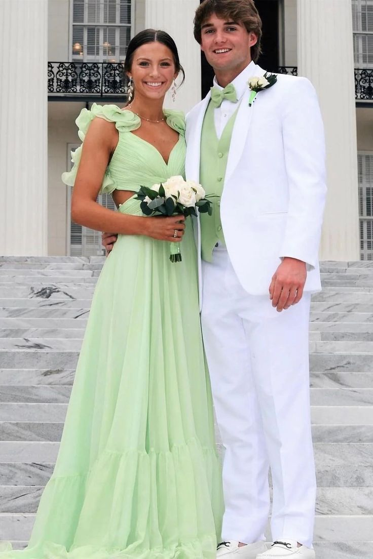 Green Ruffles A-Line Long Prom Dress Wedding Quest Dresses  2205