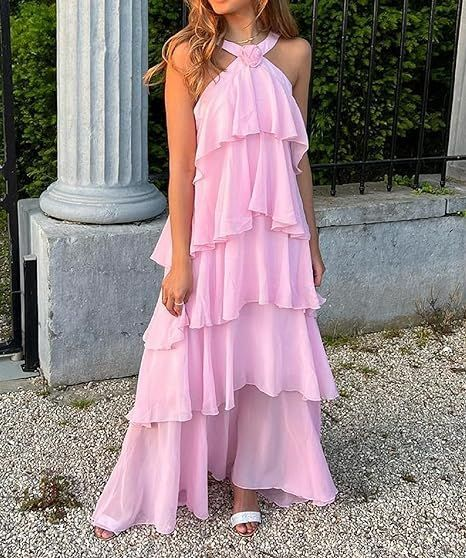 Pink A Line Tiered Long Prom Dress Backless Formal Party Dress 2425