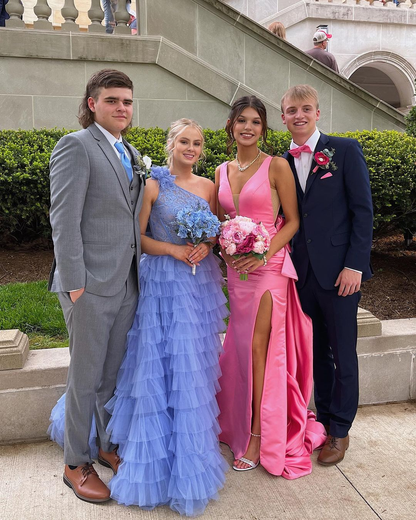 Pink Mermaid V Neck Satin Long Prom Dresses With Slit And Bow 2283