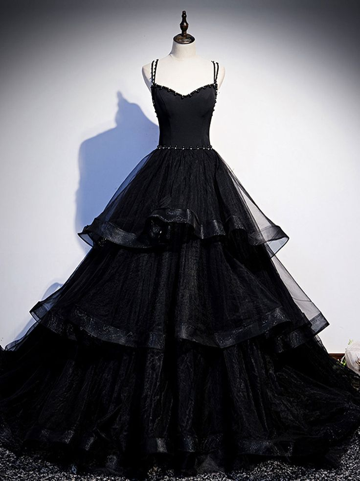 Robe de bal longue en tulle noir perlé, robe de remise de diplôme à volants 2246
