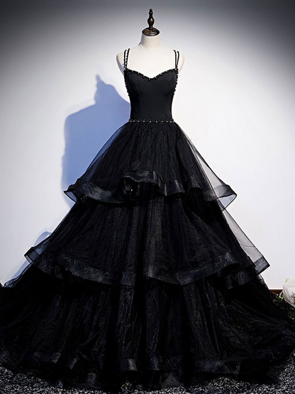 Robe de bal longue en tulle noir perlé, robe de remise de diplôme à volants 2246