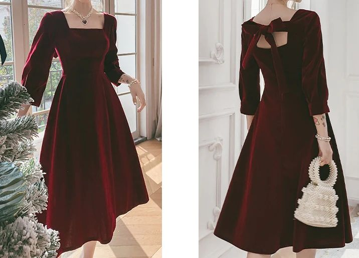 Square Necking Burgundy Velvet Prom Dresses A Line Long Sleeves Dress 2427