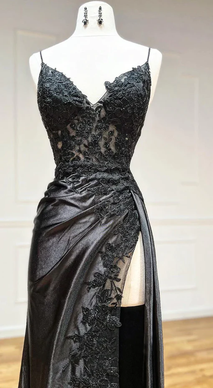 Robe de bal longue noire à bretelles spaghetti et col en V fendue 2102