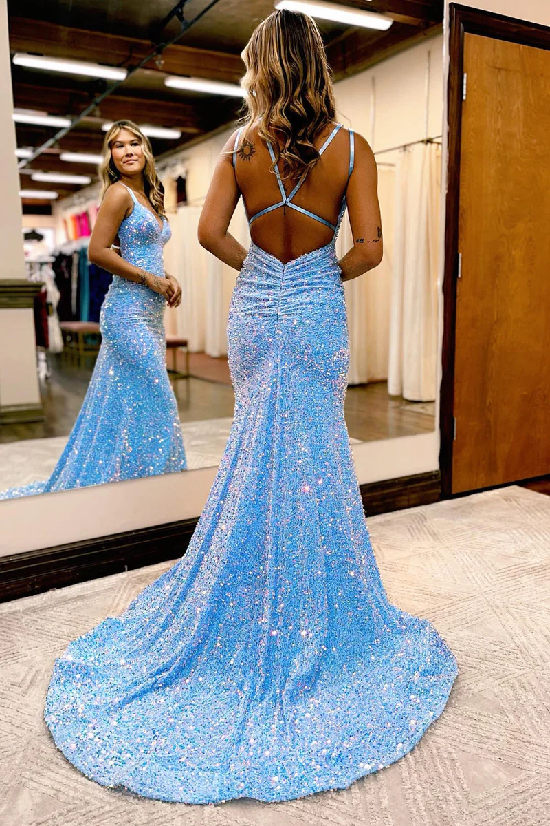 Mermaid Blue Sequins Long Prom Dress Sparkling Formal Evening Dress 2202