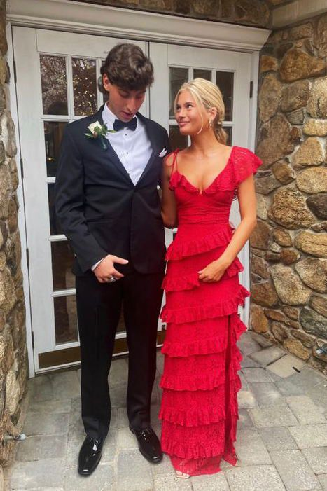 Red Lace Long Prom Dress Tiered Evening Dresses Graduation Gown 2171