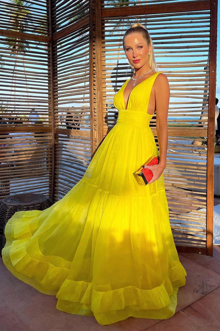 A Line V Neck Yellow Prom Dress Formal Evening Dresses 2197