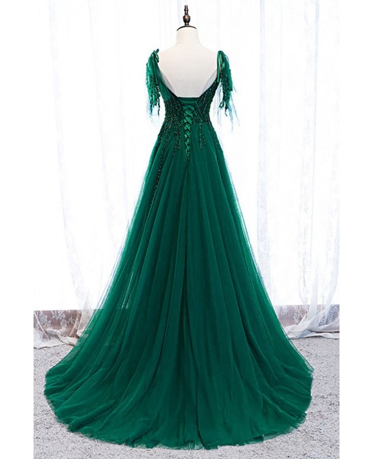 Green Tulle Formal Long Prom Dress With Appliques 2296