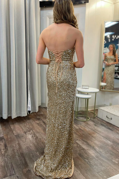 Robe de bal longue bustier à paillettes dorées et fente 2284