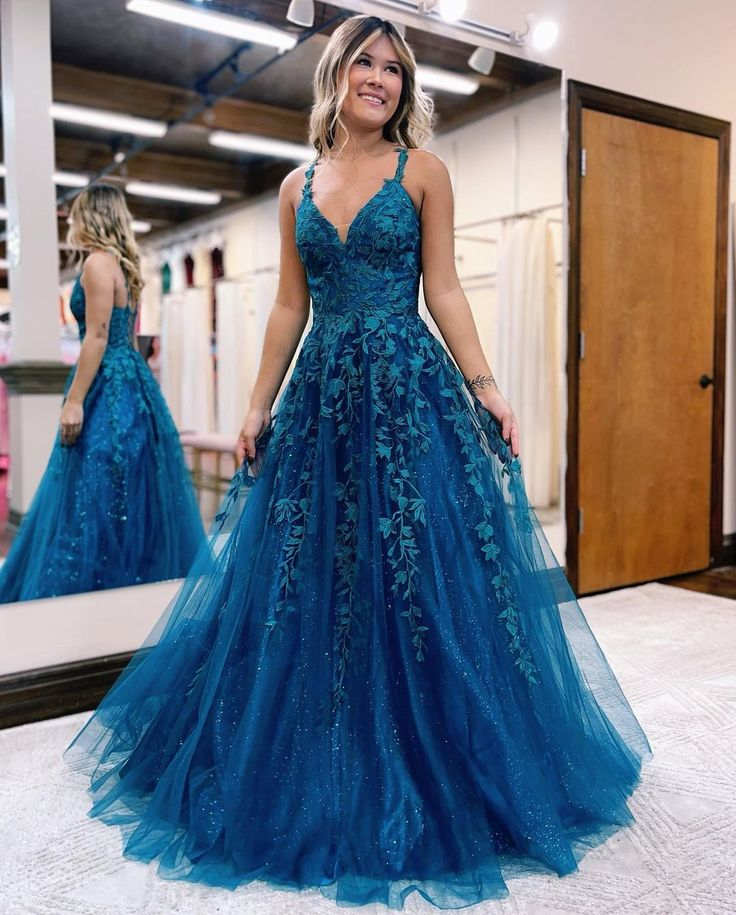 Blue A Line V-Neck Long Prom Dress Slit Applique Evening Dress 2108