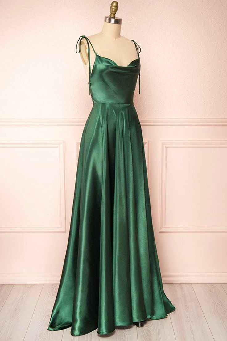 Green Satin A Line Long Prom Dresses Formal Graduation Evening Dress 2178