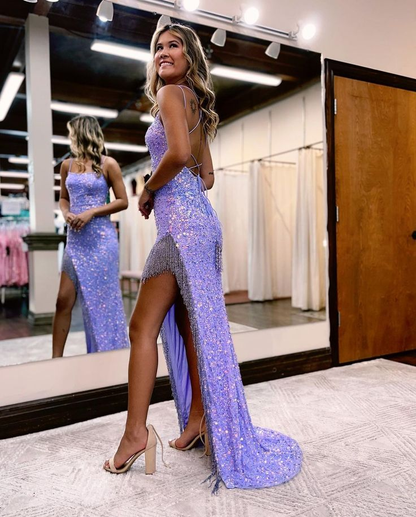 Lila Spaghettiträger Langes Ballkleid Glitzerndes Abendkleid 2162