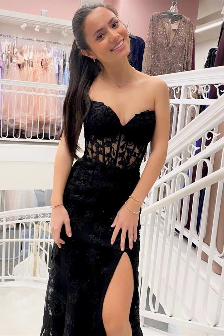 Sweetheart Black Lace Long Prom Dress Slit Evening Dress 2124