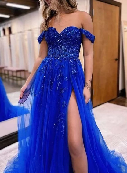Schulterfreies blaues A-Linien-Abschlussballkleid mit appliziertem, formellem Tüll-Abendkleid mit Schlitz 2160