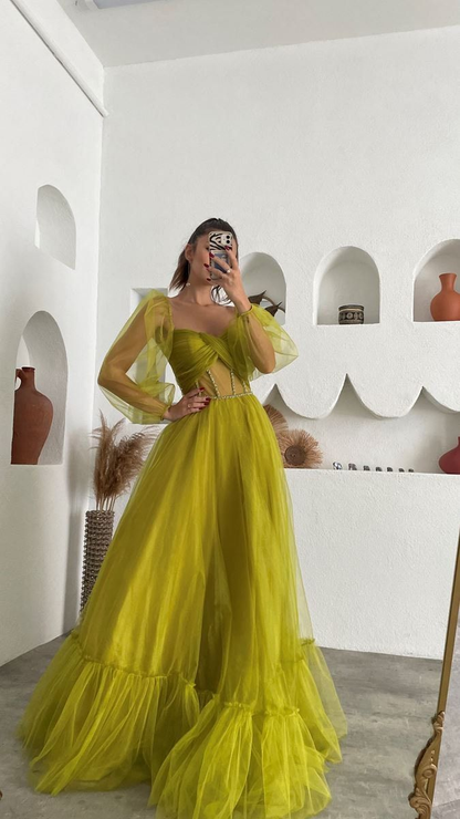 Grünes Tüll-Abschlussballkleid in A-Linie mit langen Ärmeln, formelles Partykleid 2189