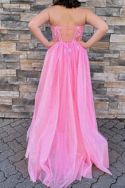 Trägerloses, langes Ballkleid in Rosa mit Applikationen und A-Linie, formelles Abendkleid 2286