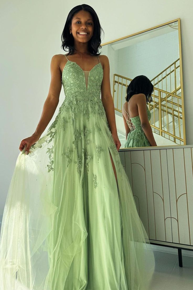 Green Spaghetti Straps A Line Long Tulle Prom Dress 2280