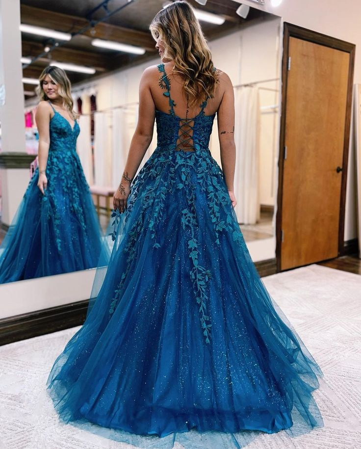 Blue A Line V-Neck Long Prom Dress Slit Applique Evening Dress 2108