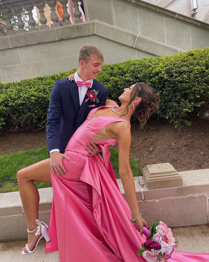 Pink Mermaid V Neck Satin Long Prom Dresses With Slit And Bow 2283