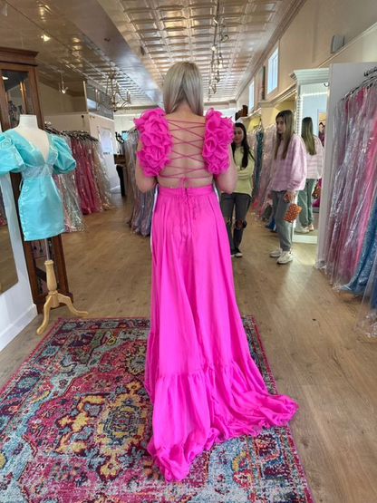 Rosarotes, langes Ballkleid mit Rüschen an der Schulter und V-Ausschnitt in A-Linie 2288