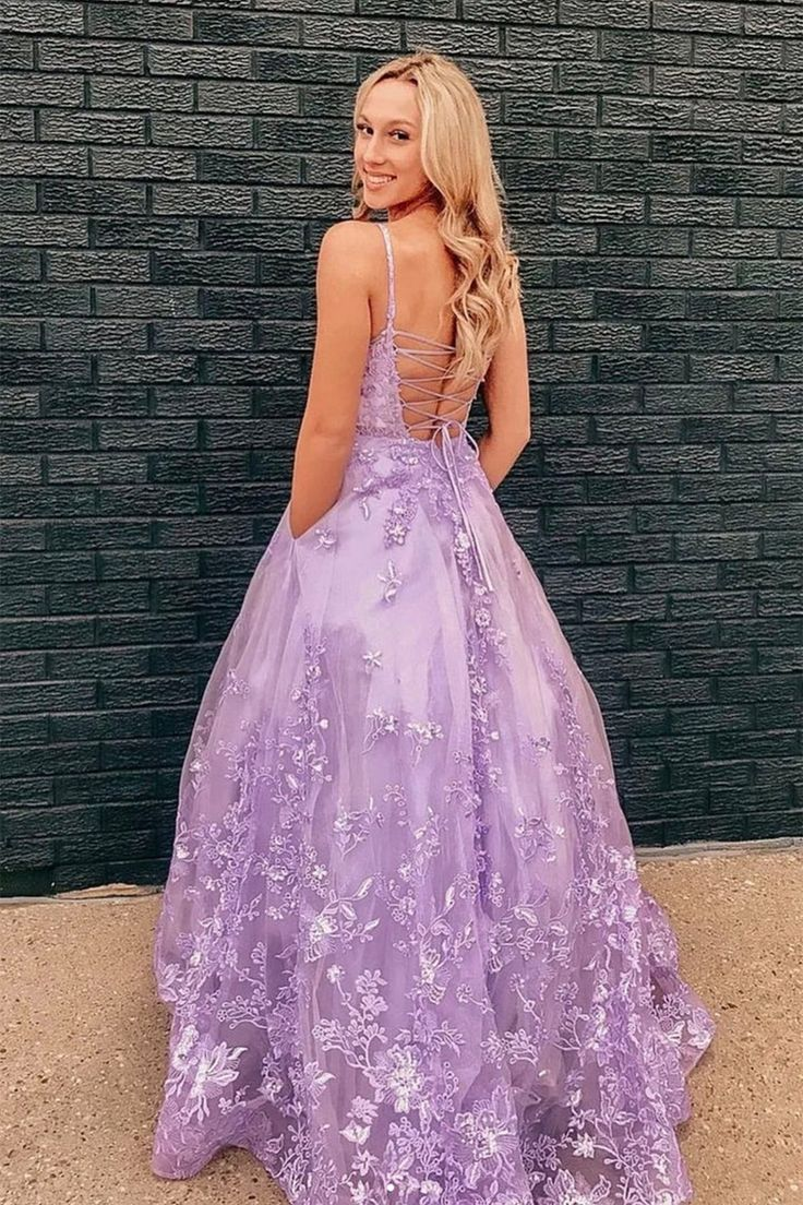 Purple Lace Floral Long Prom Dresses A Line Tulle Formal Evening Dresses 2206