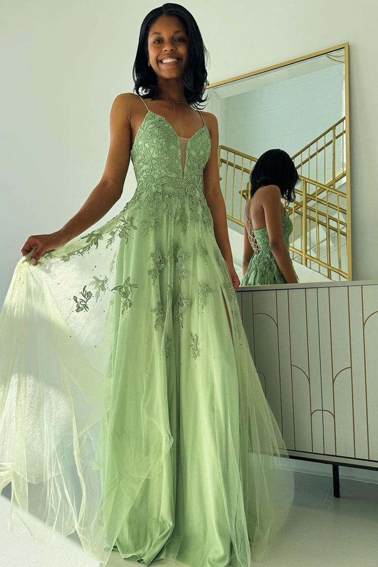 Green Spaghetti Straps A Line Long Tulle Prom Dress 2280