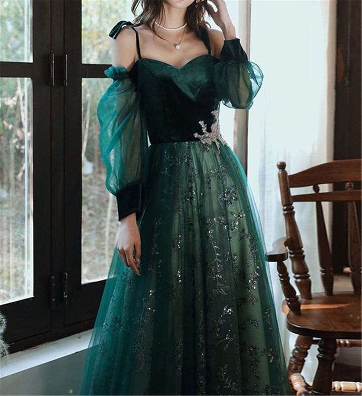 Green Tulle Prom Dresses Longsleeves A Line Birthday Party Gown 2310